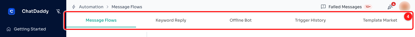 Step 4 — inside Automation, the tab row (4) holds Message Flows, Keyword Reply, Offline Bot, Trigger History and Template Market.