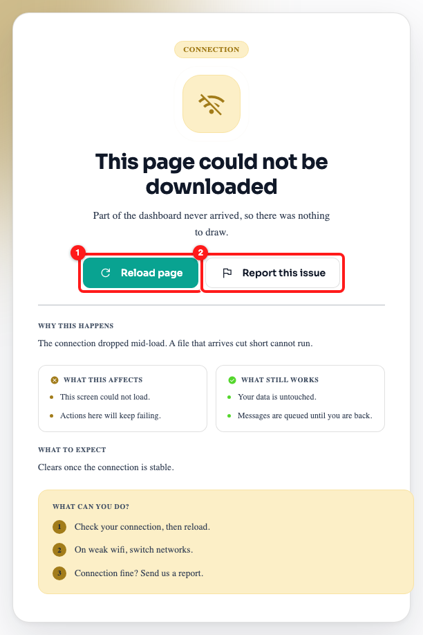 Step 2 — Reload page (1) is the fix to try first. Report this issue (2) comes later.