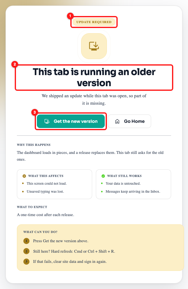 A different card: the Update required badge (1), its title (2) and the Get the new version button (3).