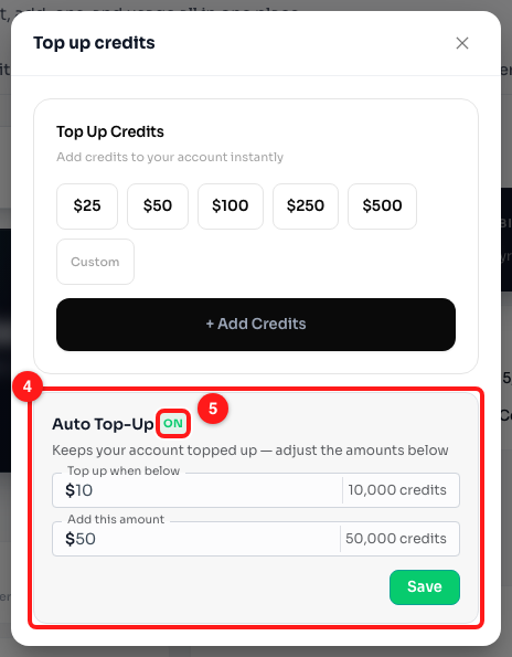 Step 2 — the Auto Top-Up card (4) sits below the manual top-up card. The ON badge (5) confirms it is active. Credits convert at 1,000 credits per $1.
