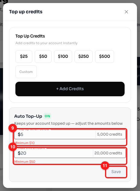 Step 5 — $5 is under the trigger minimum (9) and $20 is under the amount minimum (10), so Save is disabled (11).