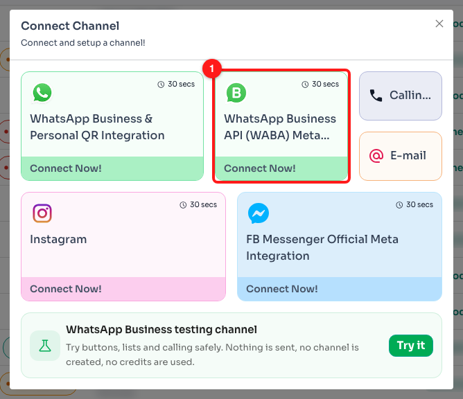 The Connect Channel dialog. (1) WhatsApp Business API (WABA) Meta Partner. The card to its left is the QR integration for the normal WhatsApp app — a different product.