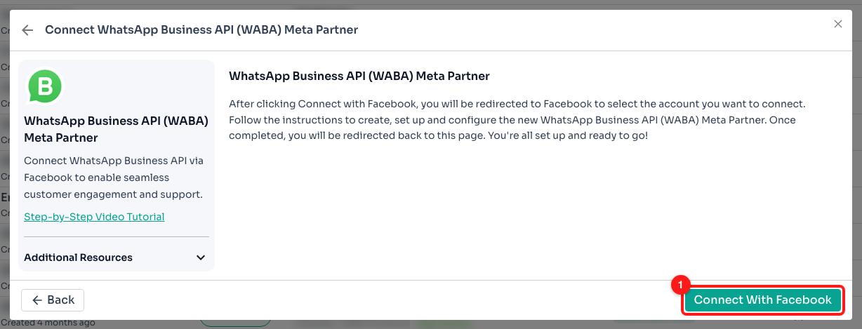 The final ChatDaddy step. (1) Connect With Facebook — opens Meta’s setup window in a pop-up.