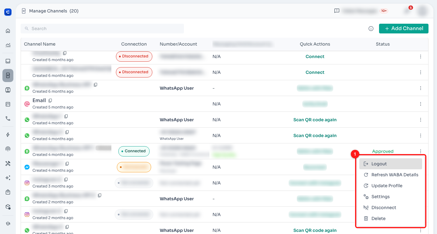 The per-channel actions on a live WABA row. (1) The menu — Update Profile changes what customers see, Settings is where the channel gets its internal name.