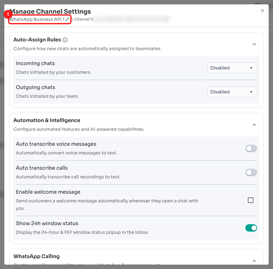 Manage Channel Settings. (1) The channel name and its edit pencil — this is the label your team sees everywhere else in ChatDaddy.