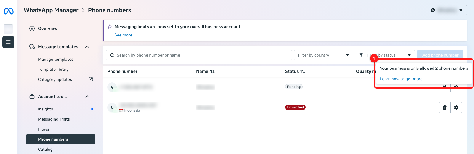 The tooltip on a disabled Add phone number button. (1) "Your business is only allowed 2 phone numbers" — business verification raises it.