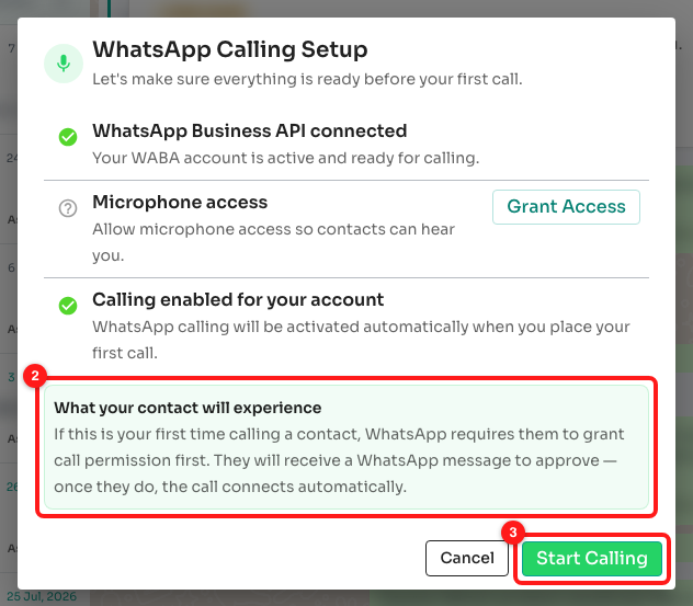Step 2 — the setup checklist. The green note explains what the customer will see (2); Start Calling continues (3).