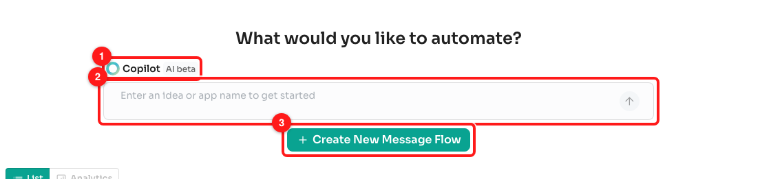 Step 1 — the Copilot label and its AI beta tag (1), the prompt box (2), and the ordinary Create New Message Flow button (3).