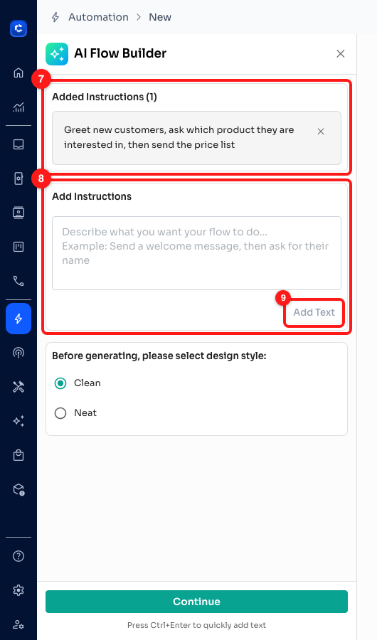 Step 3 — the instruction you arrived with (7), the box for adding more (8), and the Add Text button (9).