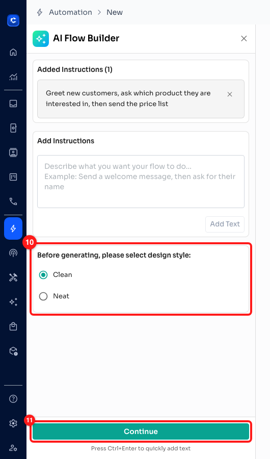 Step 4 — the design style choice (10) and the Continue button (11).