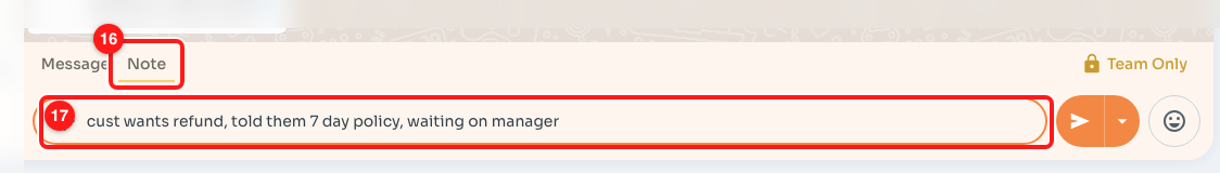 16 — The Note tab.  17 — The note box, marked "Team Only": nothing here is sent to the customer.