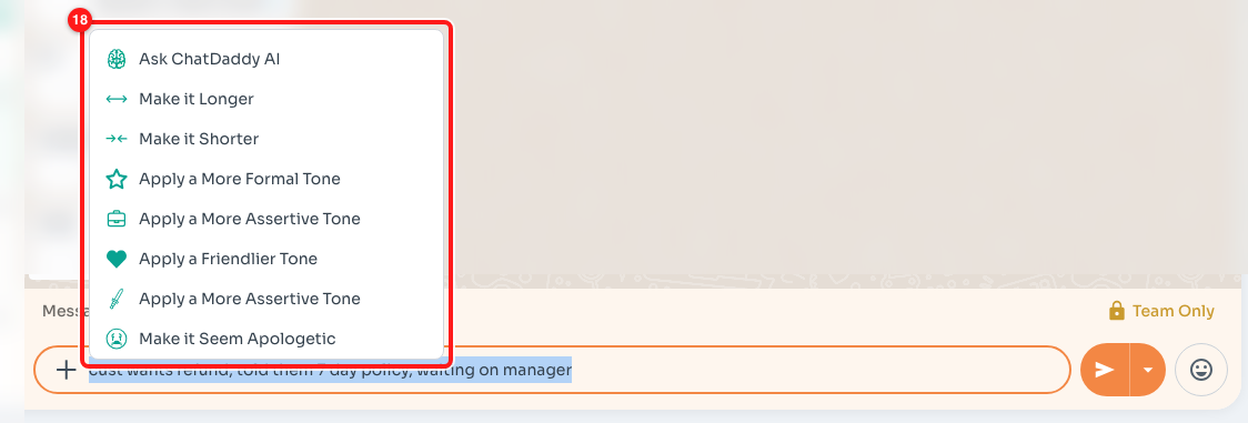 18 — The same ChatDaddy AI options inside a private note.