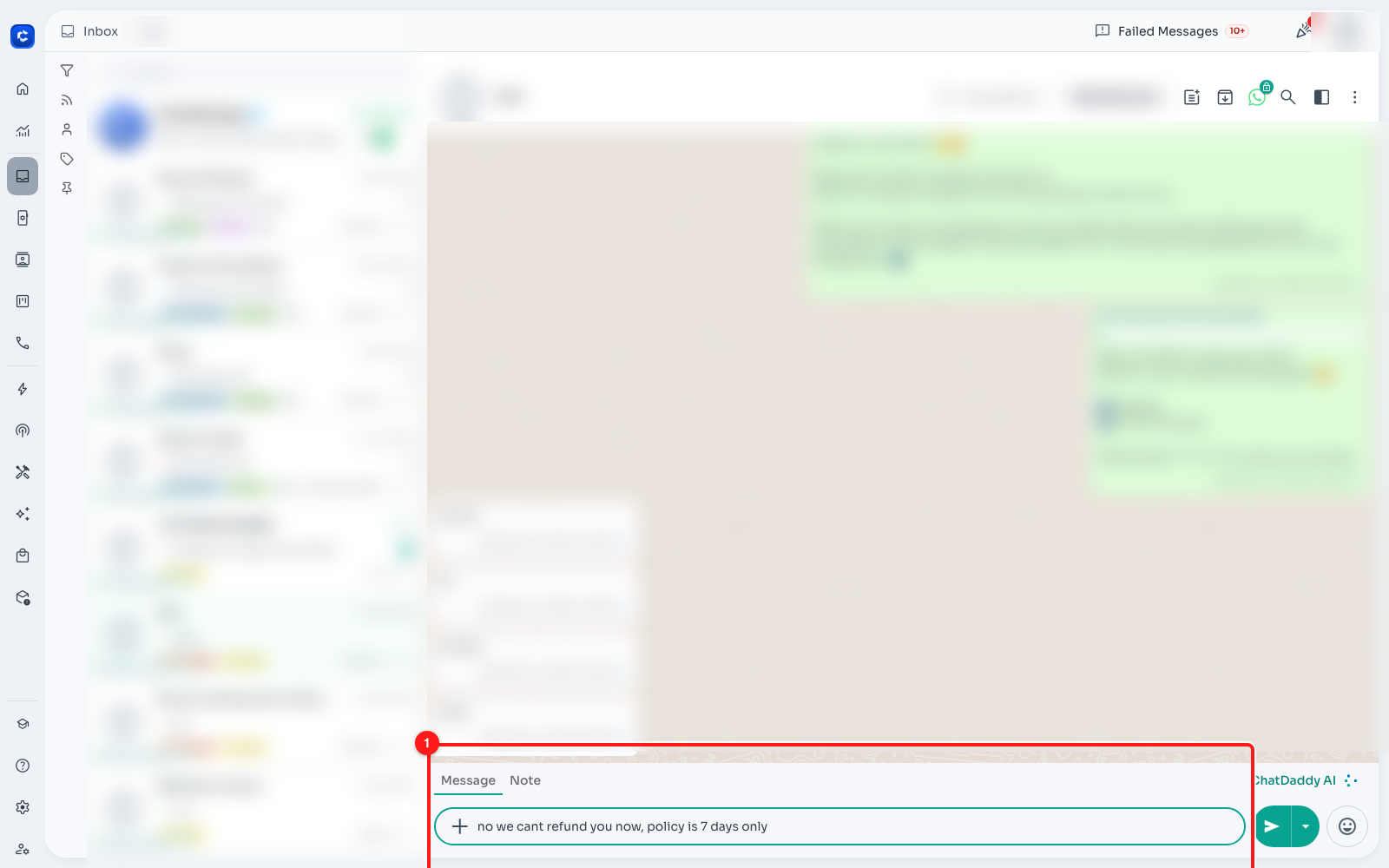 1 — The rough draft typed into the Inbox message box. Nothing is sent yet. Customer names, avatars and message content are blurred throughout this guide.
