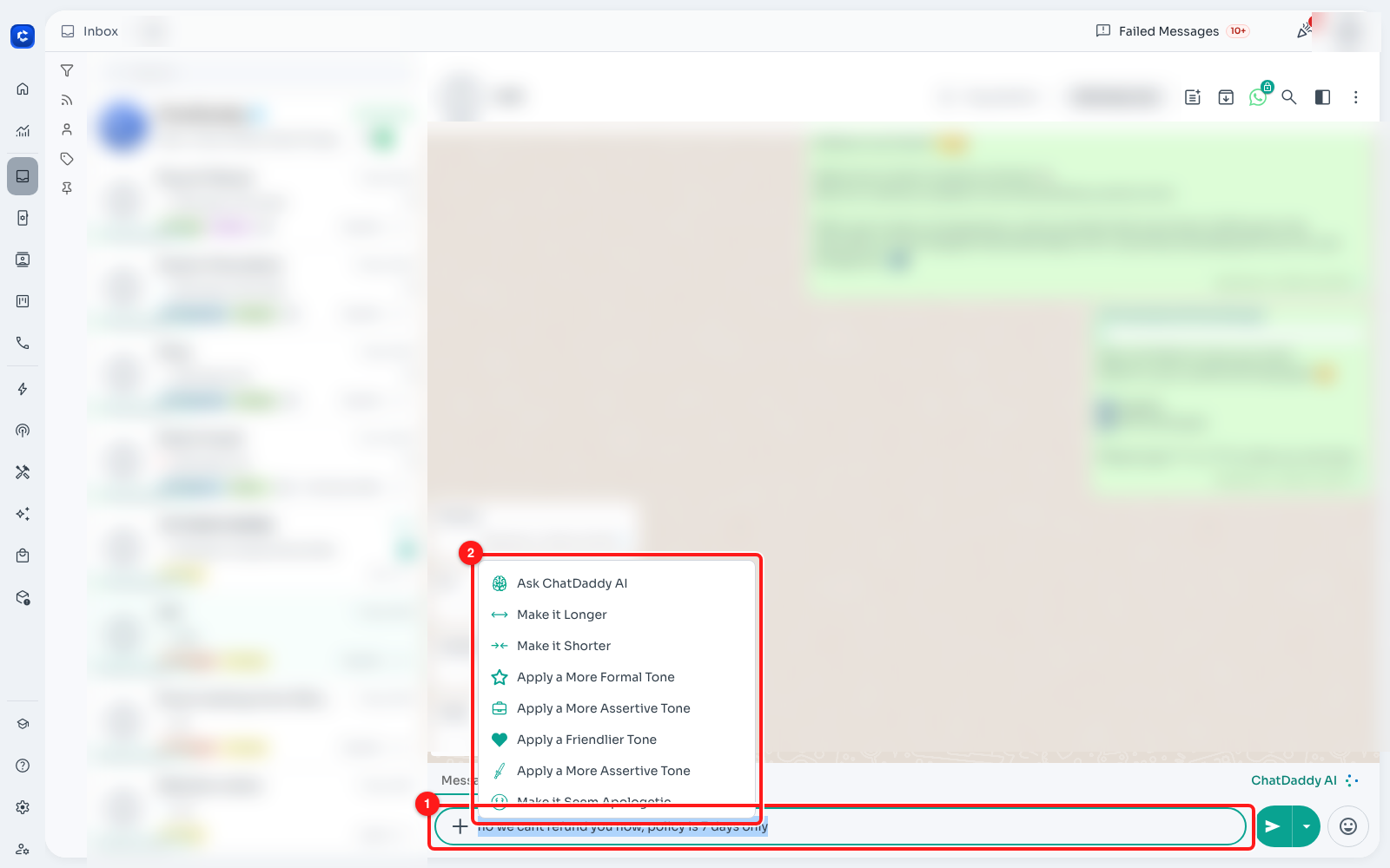 1 — The highlighted draft.  2 — The AI menu that appears above the message box.
