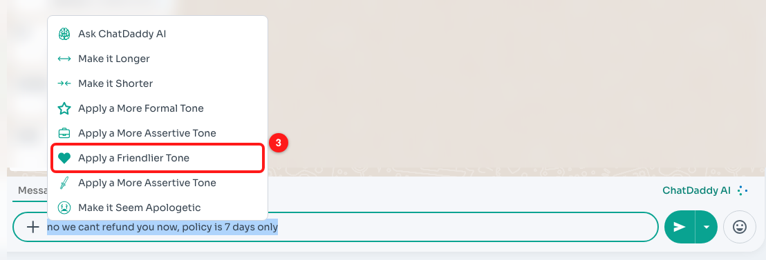 3 — Choosing "Apply a Friendlier Tone" from the AI menu.
