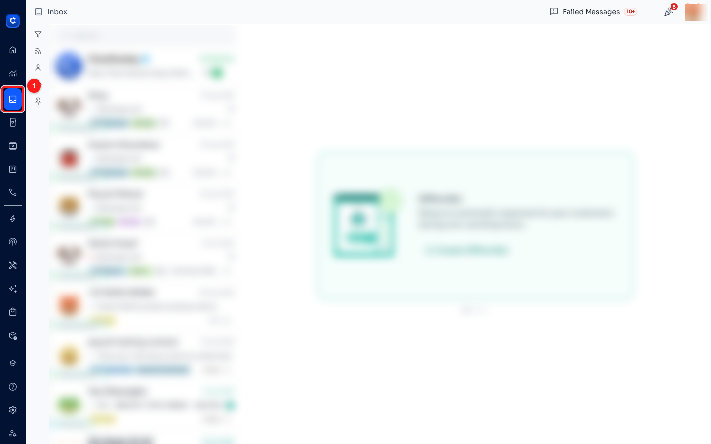 Step 1 — the Inbox icon (1) in the left navigation bar. Contact names, phone numbers and message content are blurred in these screenshots.