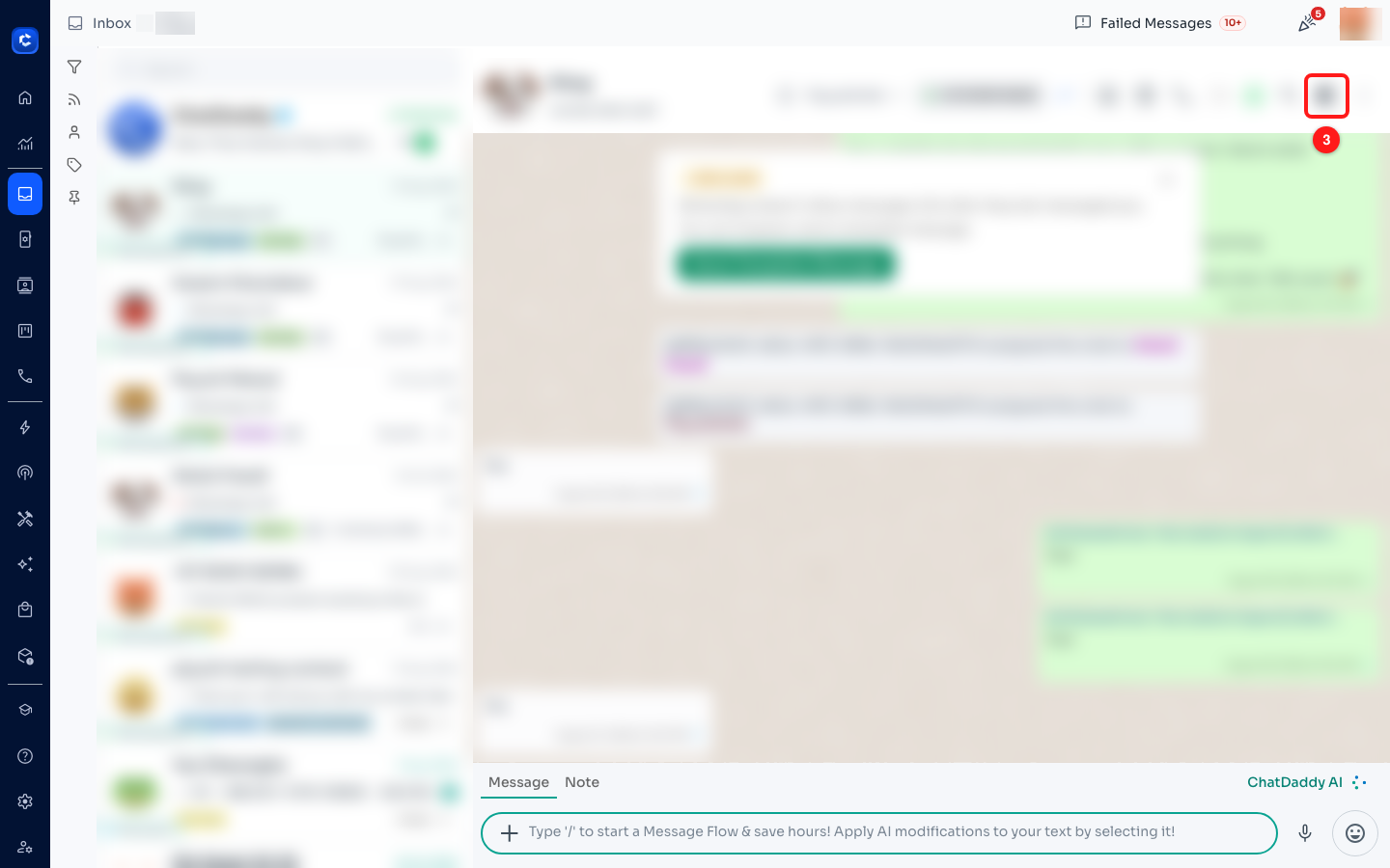 Step 3 — the contact panel toggle (3) in the chat header.