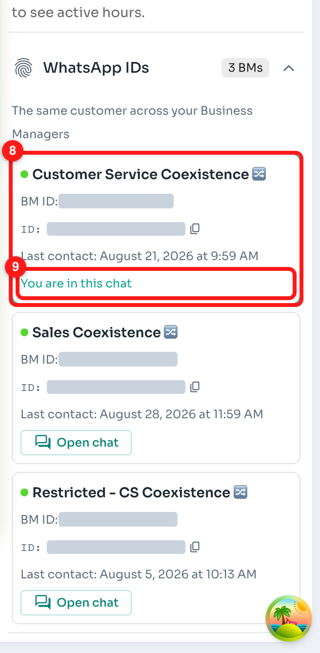 8 — the card you opened is now first. 9 — and is now the current chat.