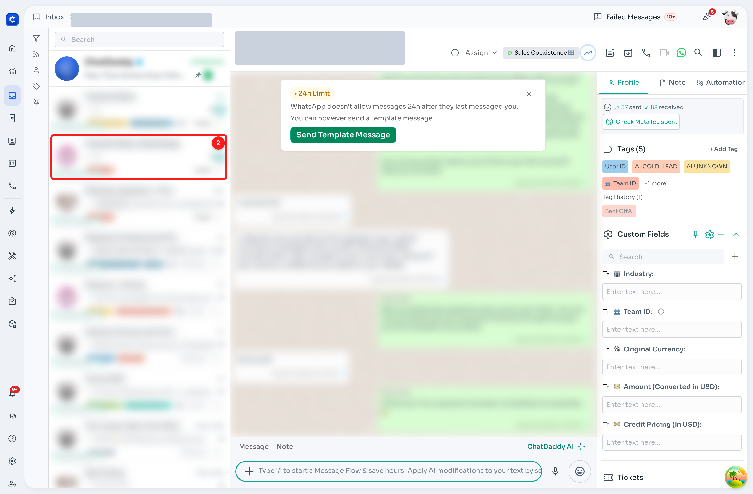 2 — click a conversation in the chat list. Customer names, avatars and message content are blurred throughout this guide.