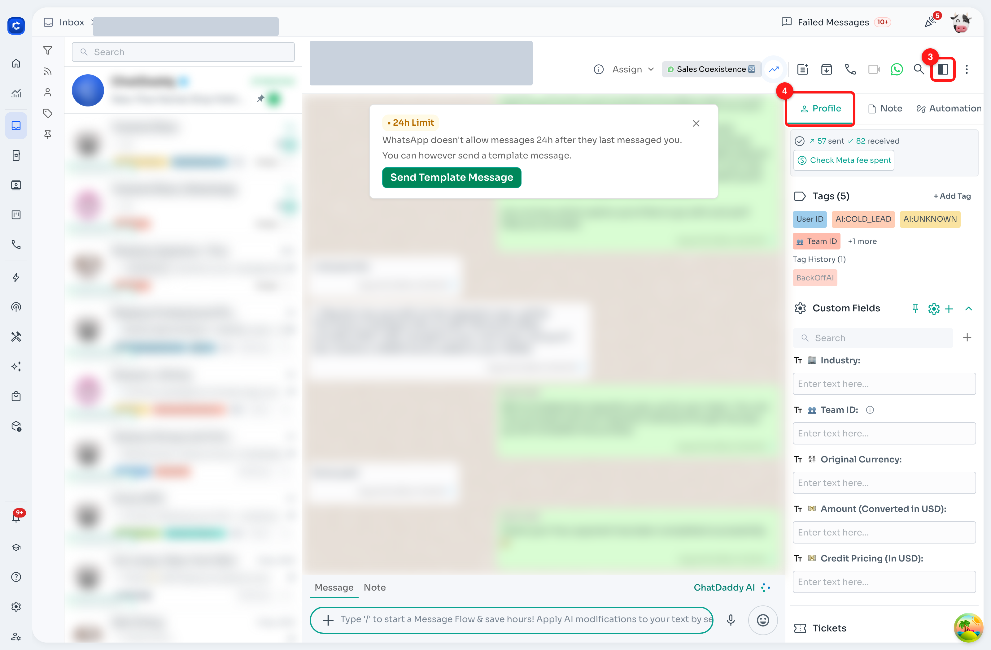 3 — the panel toggle in the chat header. 4 — the Profile tab.