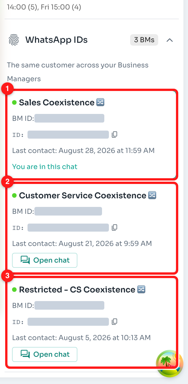 1, 2, 3 — one card for each Business Manager this customer has reached you through.