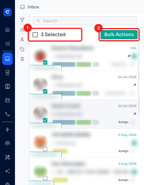 Step 1 — the selection bar shows how many chats you picked (1); Bulk Actions appears next to it (2).