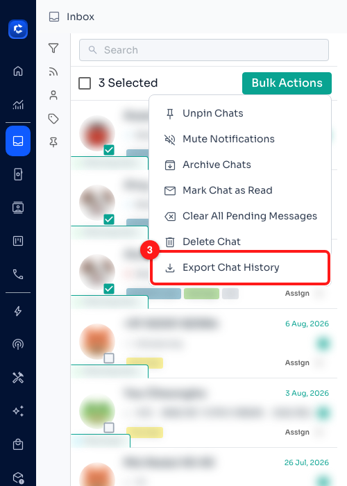 Step 2 — “Export Chat History” is the last item in the Bulk Actions menu (3).