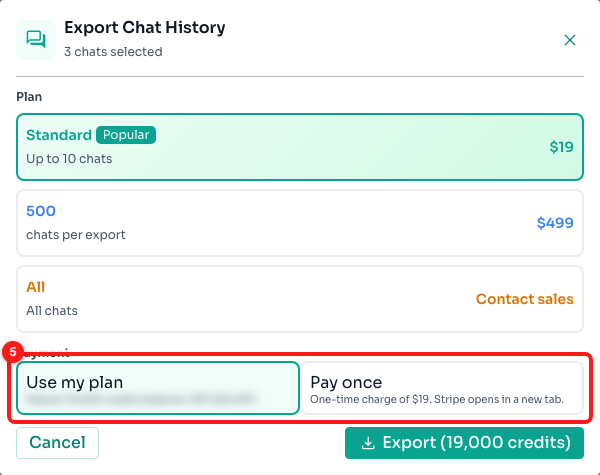 Step 4 — Use my plan (credits) or Pay once (card) (5).