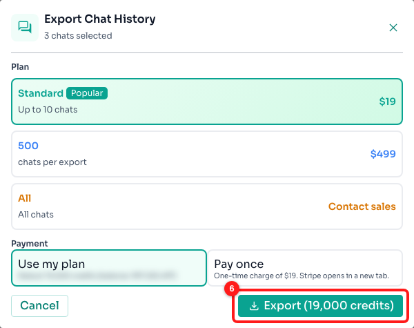 Step 5 — the confirm button carries the plan and the amount (6).