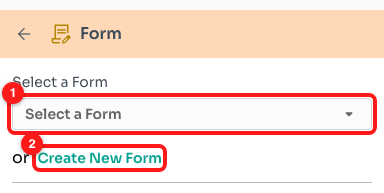Step 2 — the Select a Form dropdown (1), or the Create New Form link underneath it (2).