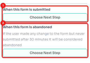 Step 7 — the submitted branch (1) and the abandoned branch (2), each with its own Choose Next Step.