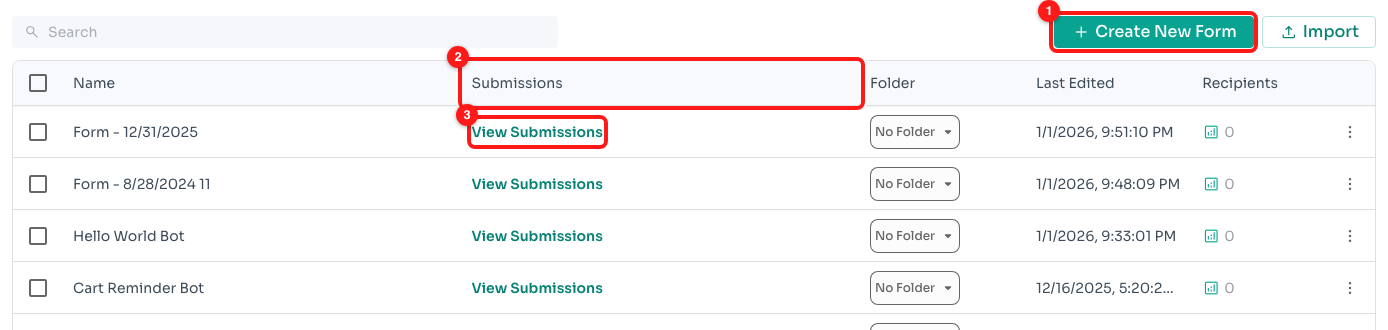 Step 8 — Create New Form (1), the Submissions column (2) and the View Submissions link on each row (3).
