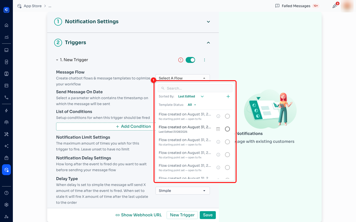 ① the flow picker. Read the grey sub-label on each row: a healthy flow shows "Last Edited"; a broken one says "No starting point set — open to fix".