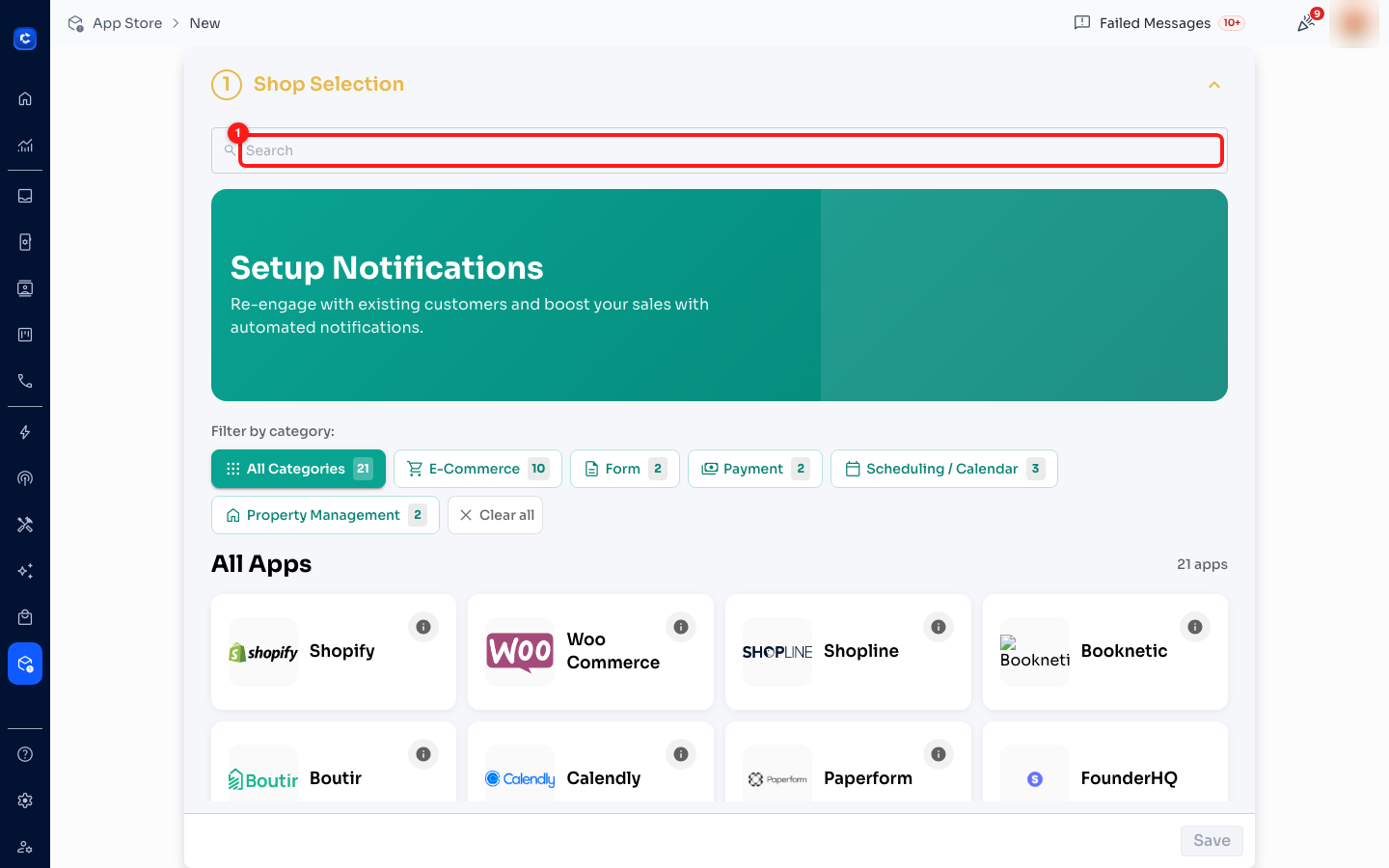① search. ② the category filter — All Categories 21 · E-Commerce 10 · Form 2 · Payment 2 · Scheduling / Calendar 3 · Property Management 2.