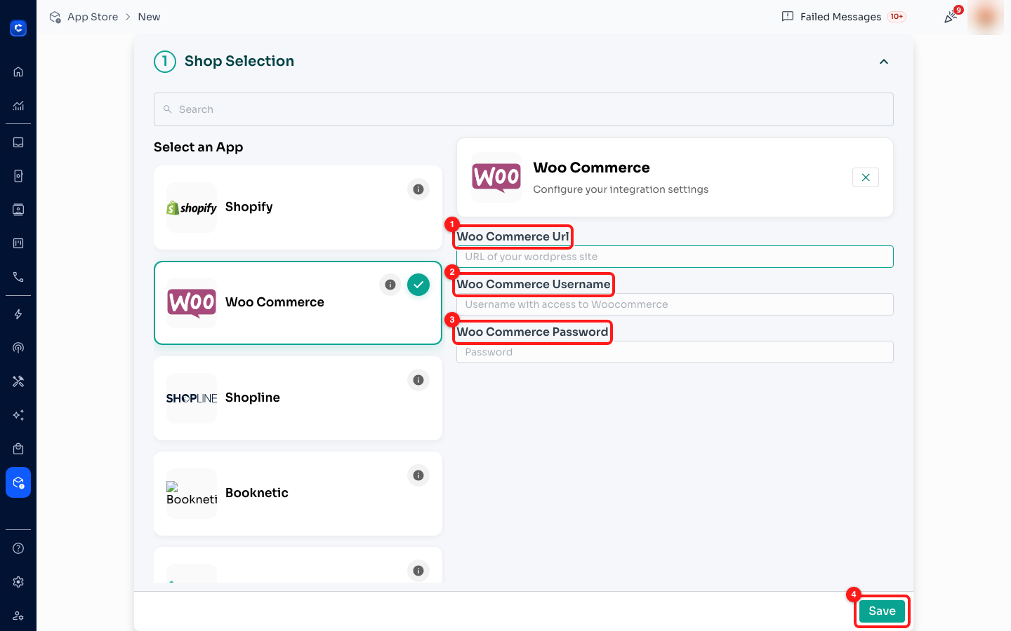 Woo Commerce needs three: ① the URL of your WordPress site, ② a username with WooCommerce access, ③ its password. ④ Save.