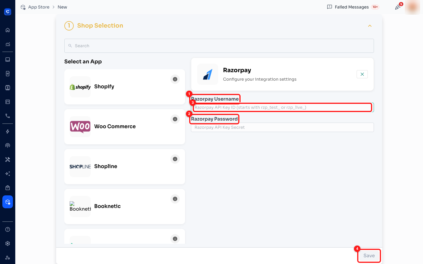 Razorpay takes a pair: ① the API Key ID (rzp_test_ / rzp_live_) as the username, ② its Key Secret as the password.