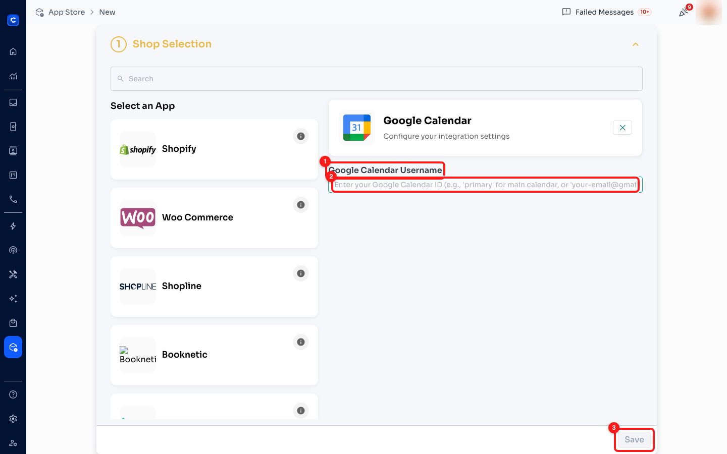 Google Calendar wants a calendar ID, not a login: ② primary for your main calendar, your Gmail address, or a …@group.calendar.google.com id for a shared calendar.