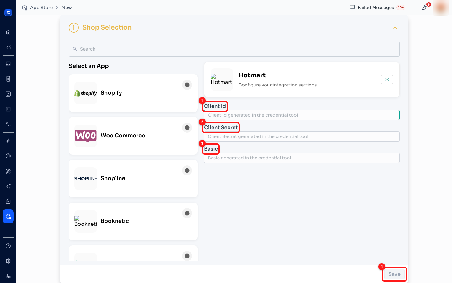 Hotmart takes three values from its credential tool: ① Client Id, ② Client Secret, ③ Basic.