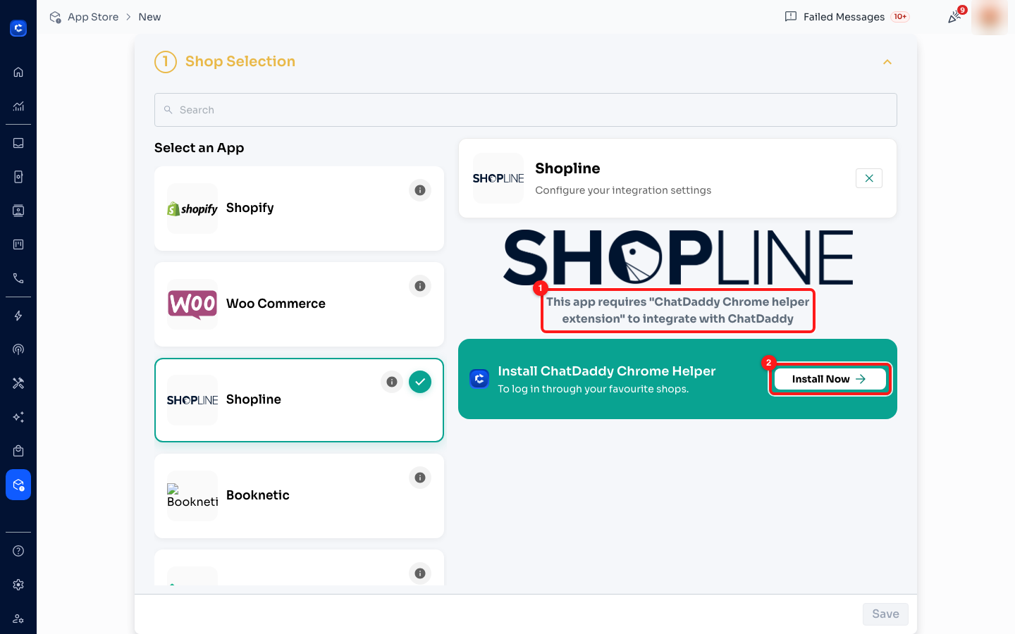 ① "This app requires ChatDaddy Chrome helper extension to integrate with ChatDaddy". ② Install Now.