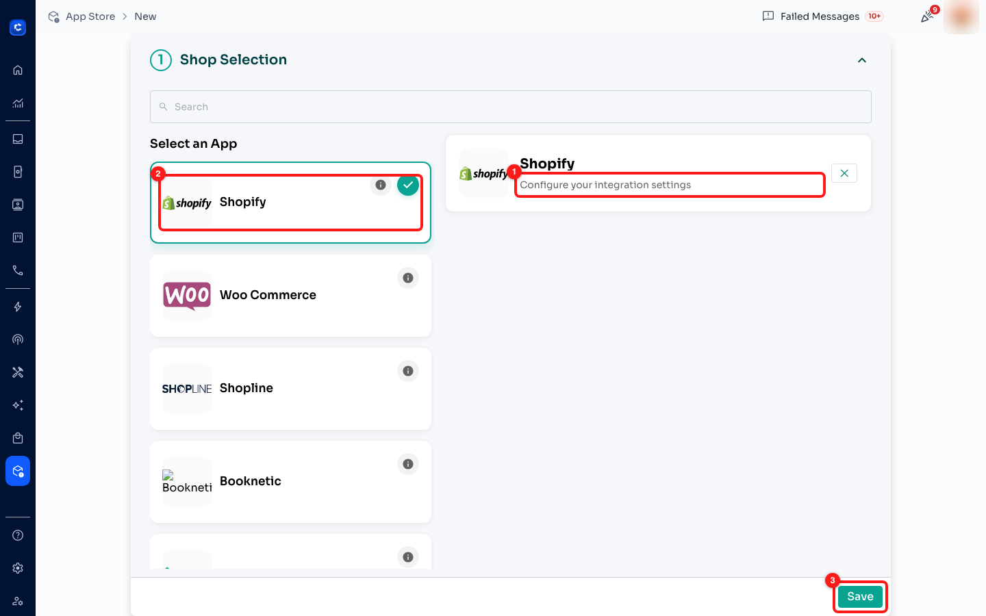 ① the panel has no fields. ② the selected app. ③ Save anyway — then go and get the webhook URL.