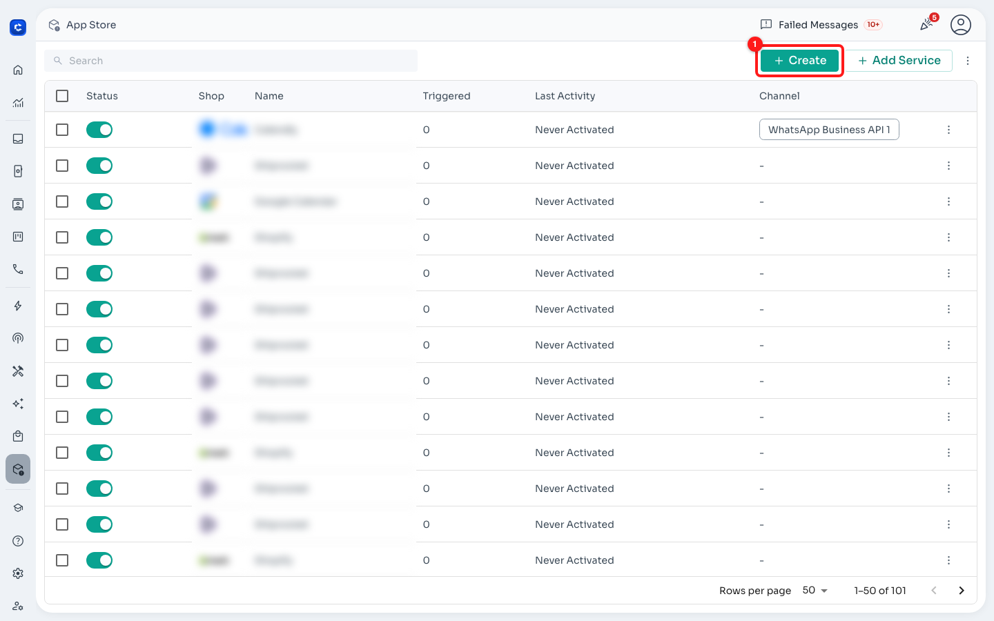 App Store → + Create starts a new connection.