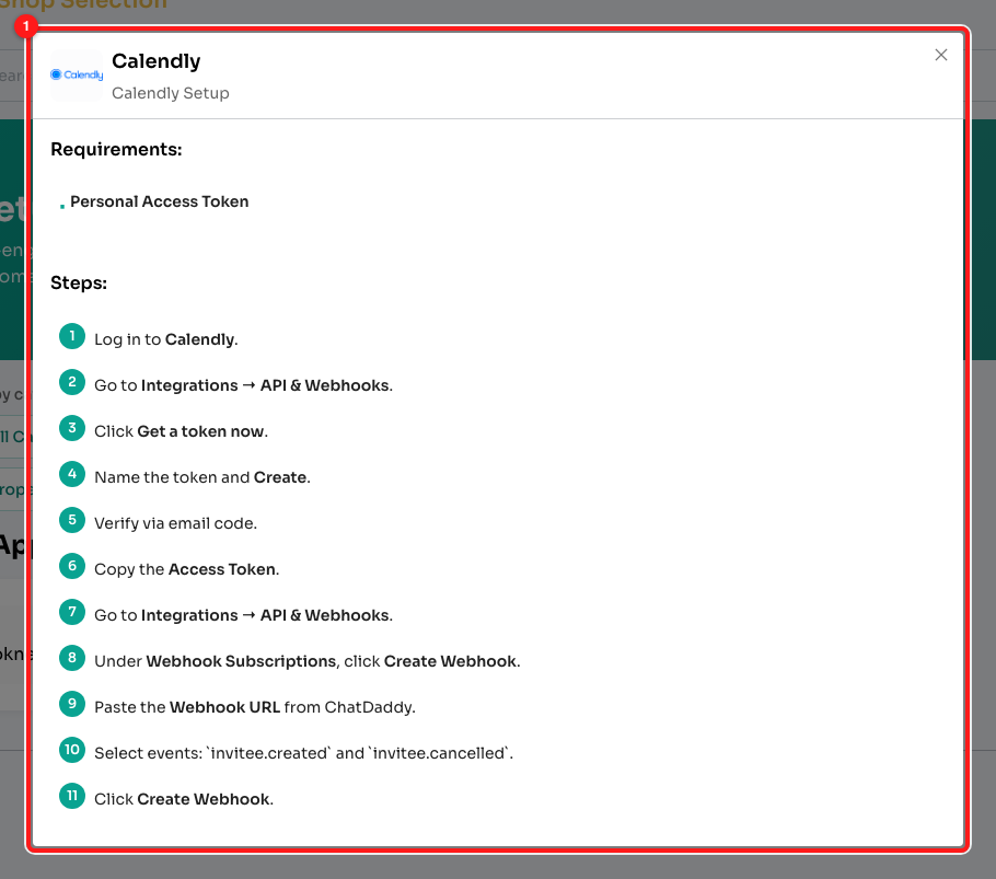 Calendly ⓘ → the full setup checklist, requirements at the top and all eleven steps below.