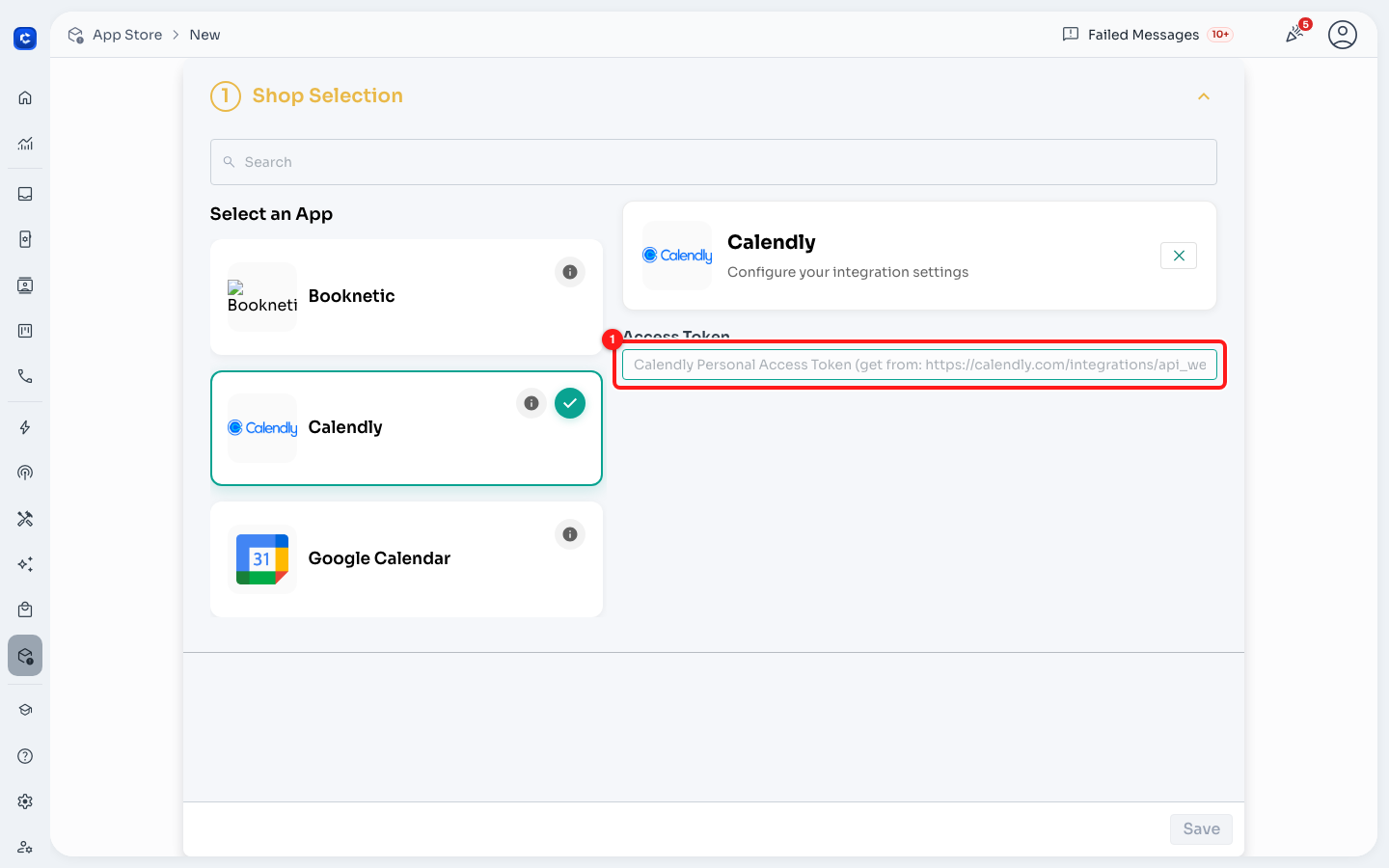 One field, one value: the Calendly Personal Access Token.