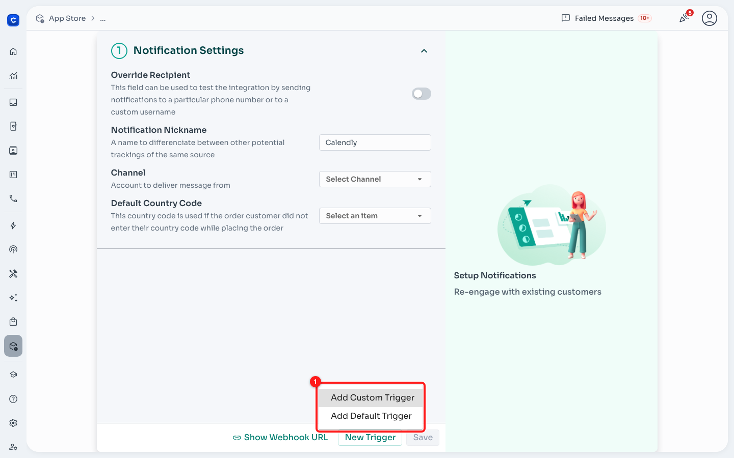 Add Custom Trigger builds one from scratch; Add Default Trigger uses ChatDaddy's ready-made Calendly pair.