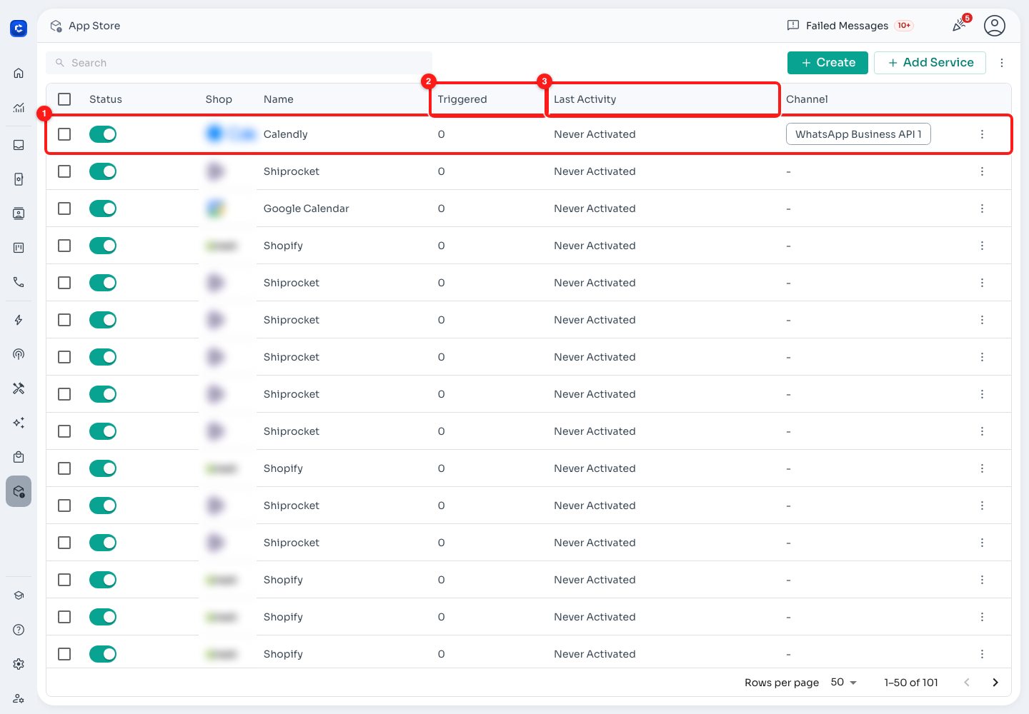 A connected Calendly row. Triggered still reads 0 and Last Activity "Never Activated" until the first real booking arrives.