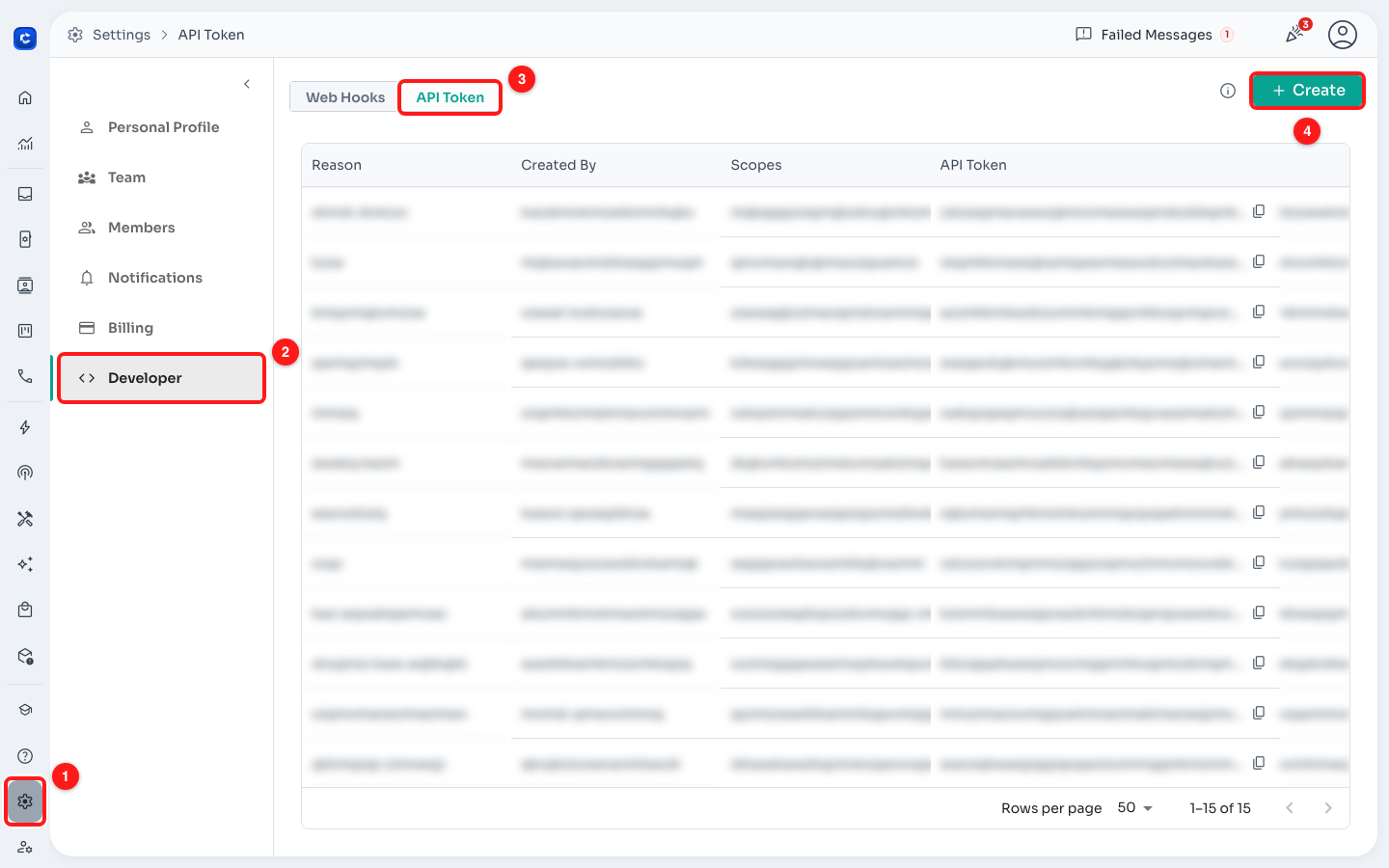Settings ① → Developer ② → API Token ③ → + Create ④