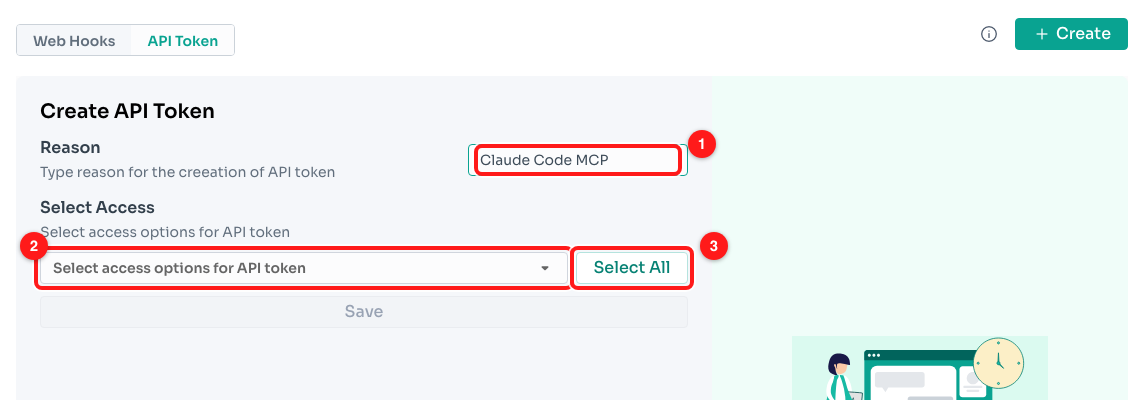 Name the token ①, then pick scopes ② or click Select All ③