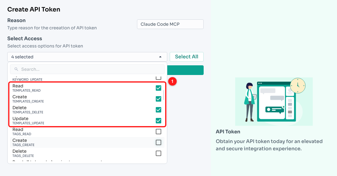 ① The four bot scopes (TEMPLATES_READ / CREATE / DELETE / UPDATE) ticked