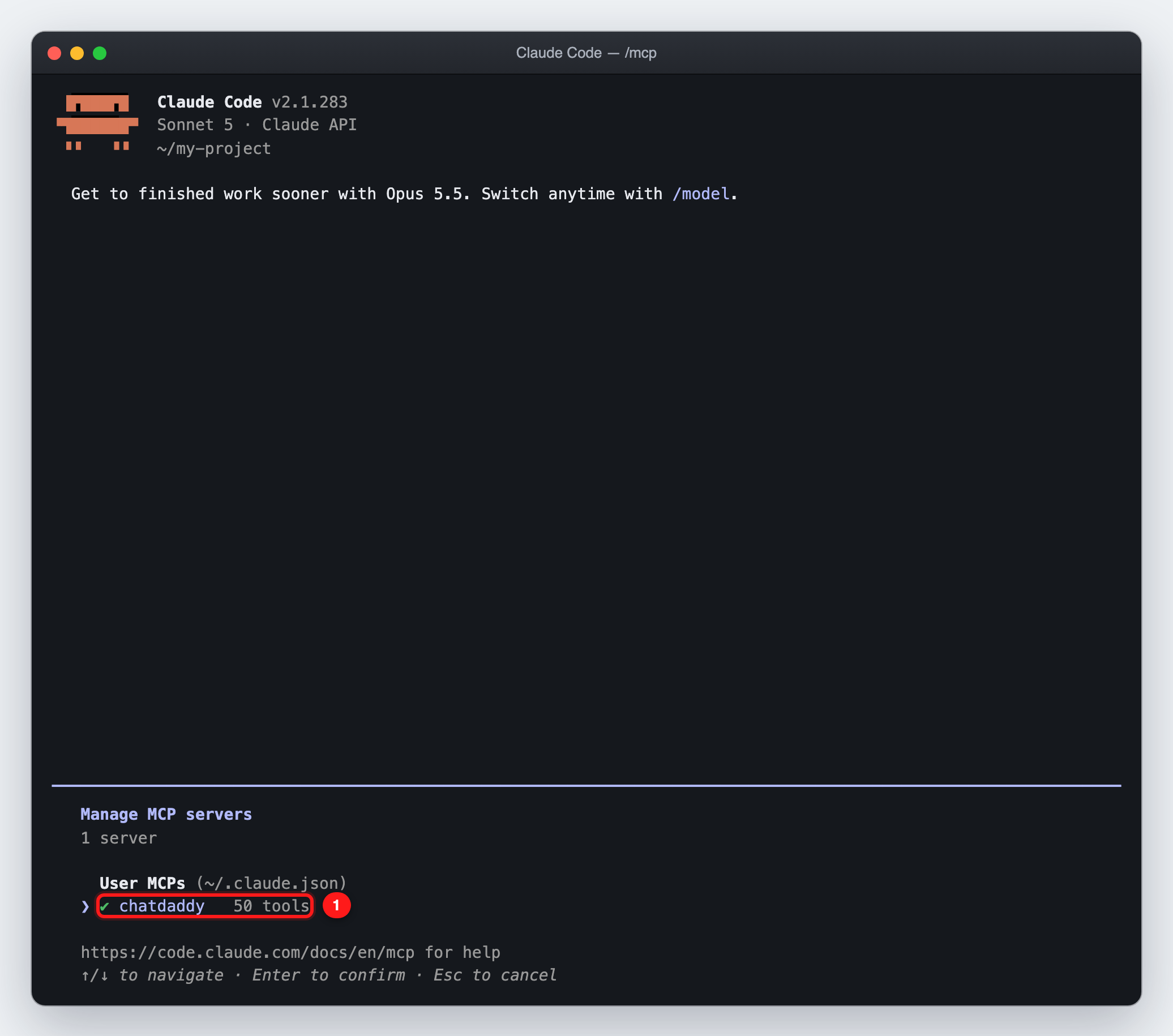 ① /mcp lists chatdaddy under User MCPs with 50 tools