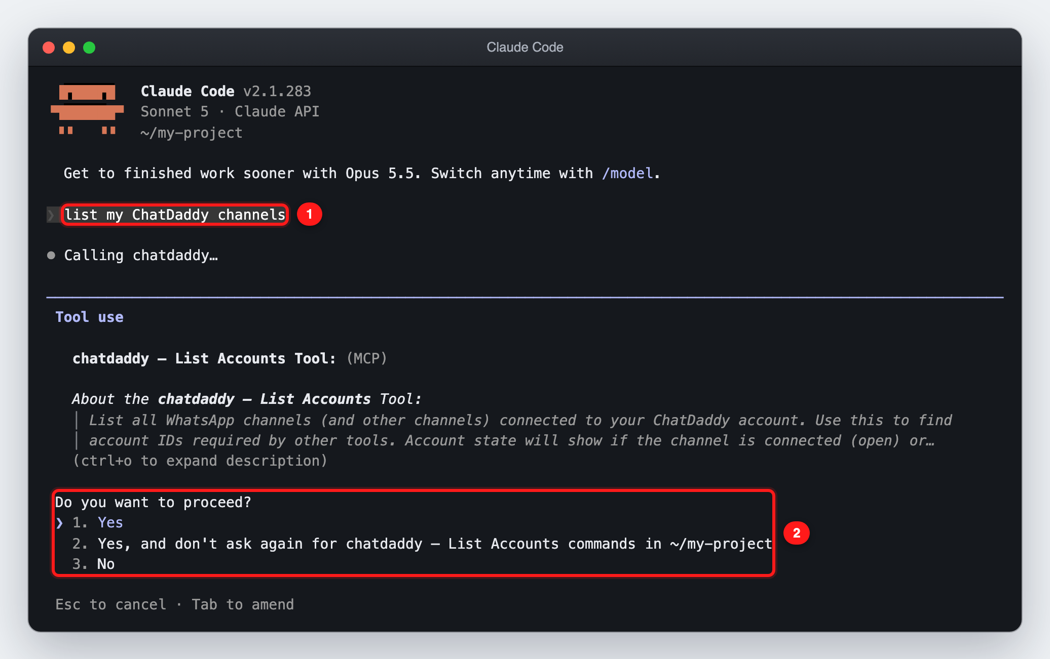 ① Your request ② The approval prompt for the "List Accounts" tool